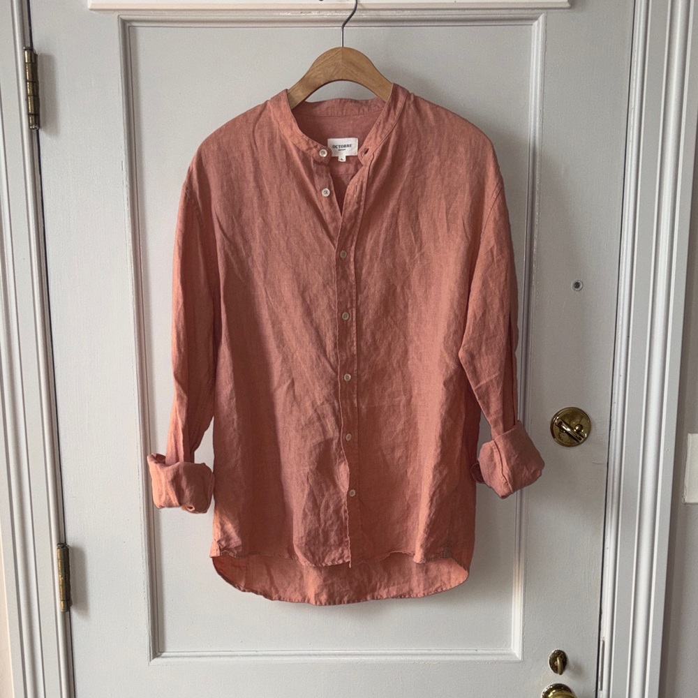 Men's Orange Salmon Linen Button-Down Shirt with Band Collar